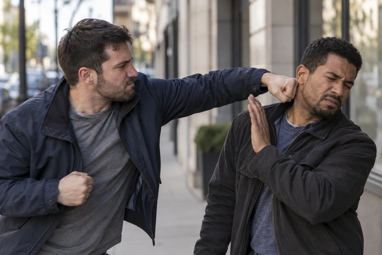 Staged illustration of one adult punching another on a city sidewalk