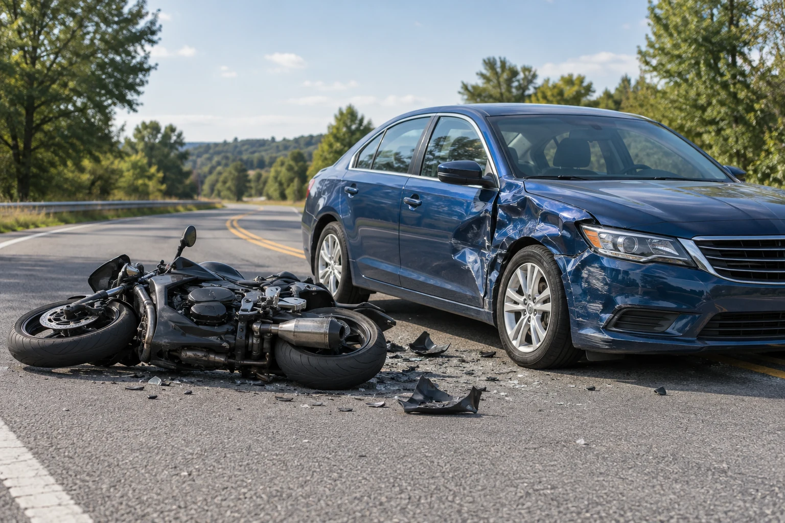 Illustration of a wrecked street motorcycle and car on a road with no people present