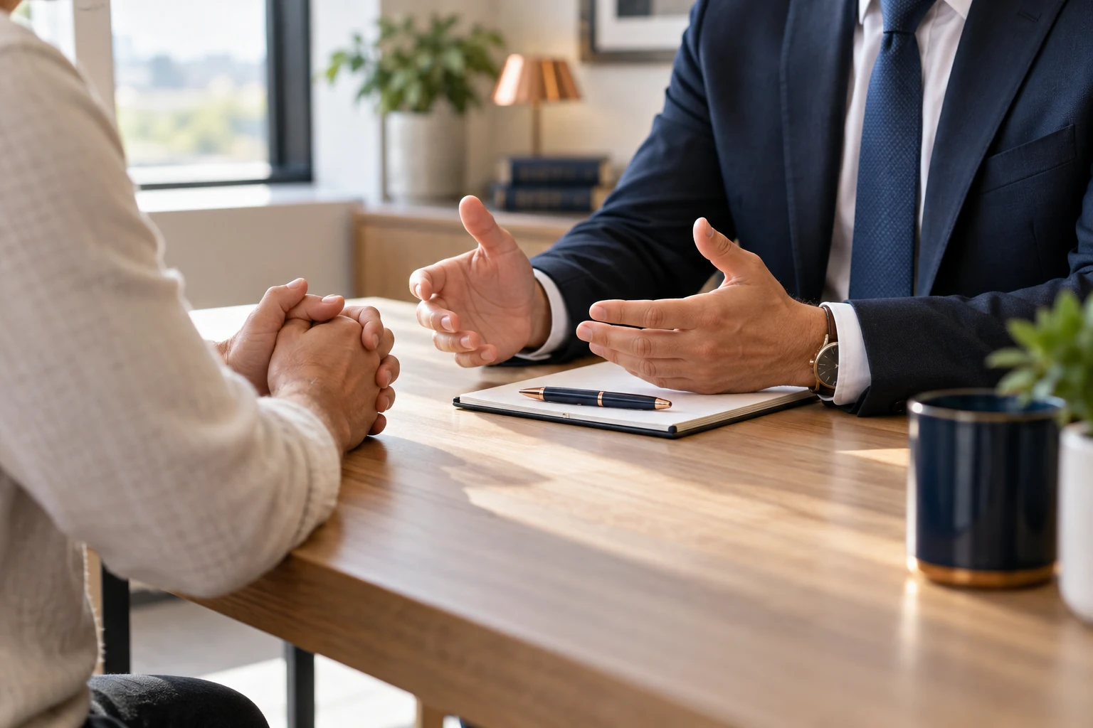 Illustration of an attorney and client discussing next steps at a desk